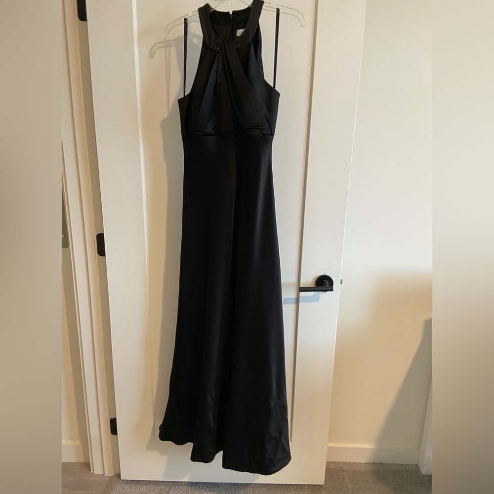 Calvin Klein Black Satin Evening Gown w/ Sequin Neckline – Size 6 (Worn Once) - Picture 4 of 6
